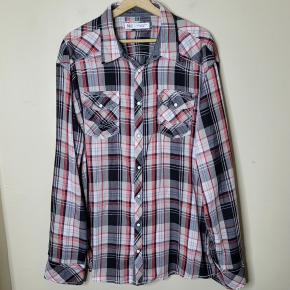 BKE Mens XL Athletic Fit Plaid Pearl Snap Shirt | Western Cowboy - Picture 2 of 9